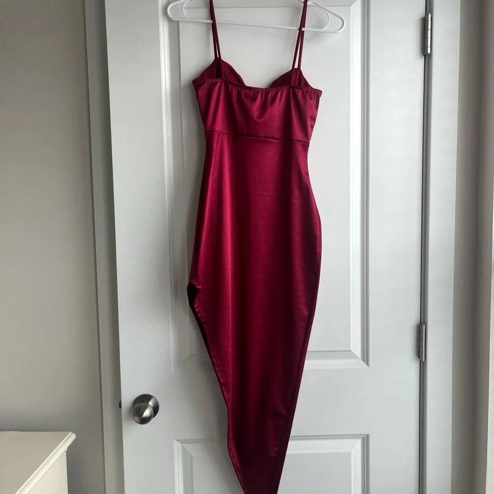 Red Satin Asymmetrical Cowl Neck Dress - Picture 2 of 5